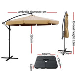 Instahut 3m Outdoor Umbrella w/Base Cantilever Garden Beach Patio Beige - Side View