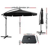 Instahut 3m Outdoor Umbrella w/Base Cantilever Garden Beach Patio Black - Side View