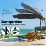 Instahut Outdoor Umbrella 3M Cantilever Beach LED Base Garden Sun Patio Charcoal - 45-Degree Angle