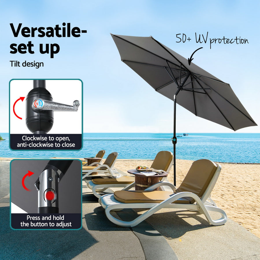 Instahut 2.7m charcoal outdoor umbrella with octagonal canopy and base, black plate base with handles
