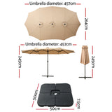 Instahut 4.57m Outdoor Umbrella w/Base Stand Beach Pole Garden Tilt Beige - Front View