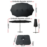 Instahut 4.57m Outdoor Umbrella w/Base Stand Beach Pole Garden Tilt Black - Front View