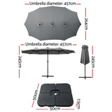 Instahut 4.57m Outdoor Umbrella w/Base Stand Beach Pole Garden Tilt Charcoal - Front View