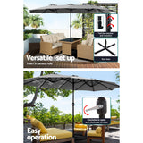 Instahut 4.57m Outdoor Umbrella w/Base Stand Beach Pole Garden Tilt Charcoal - Top-Down View