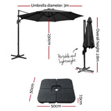 Instahut 3m Outdoor Umbrella w/Base Cantilever Beach Roma 360 Degree Tilt Black - Front View