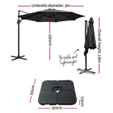 Instahut 3m Outdoor Umbrella w/Base Cantilever Beach Roma 360 Degree Tilt Black - Front View