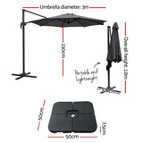Instahut 3m Outdoor Umbrella w/Base Cantilever Beach Roma 360 Degree Tilt Charcoal - Front View