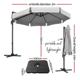 Instahut 3m Outdoor Umbrella w/Base Cantilever Beach Roma 360 Degree Tilt Grey - Front View
