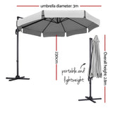 Instahut 3m Outdoor Umbrella Cantilever 360 Degree Tilt Beach Roma Grey - Front View