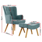 Artiss Armchair Set with Ottoman Blue Lansar - Front View