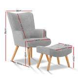 Artiss Armchair and Ottoman - Light Grey - Front View