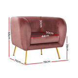 Artiss Armchair Lounge Sofa Arm Chair Accent Chairs Armchairs Couch Velvet Pink - Front View