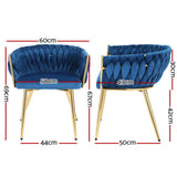 Artiss Dining Chair Velvet Weaving Armchair Blue - Front View
