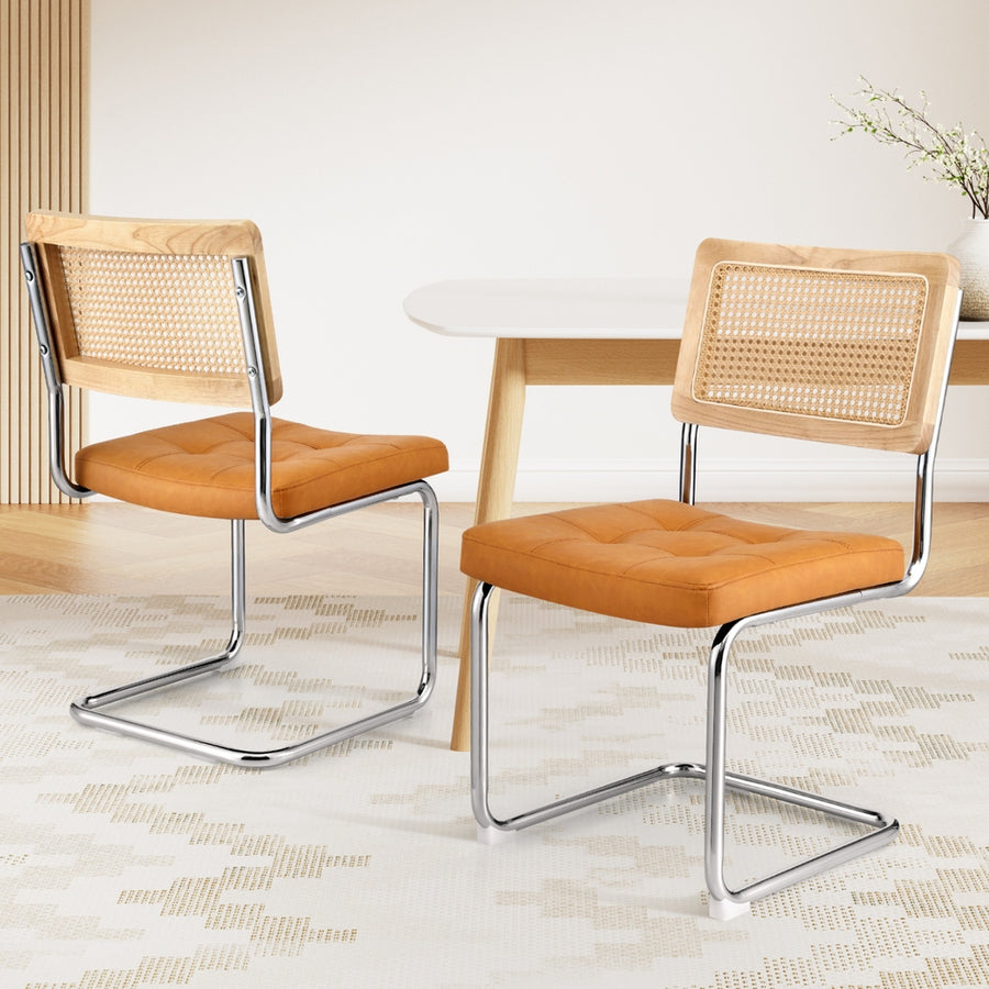 Artiss Dining Chairs Set of 2 PU Leather Rattan Cantilever Brown