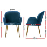 Artiss Dining Chairs Set of 2 Velvet Armchair Blue - Front View