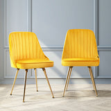 Artiss Dining Chairs Set of 2 Velvet Channel Tufted Yellow - Close-Up Angle