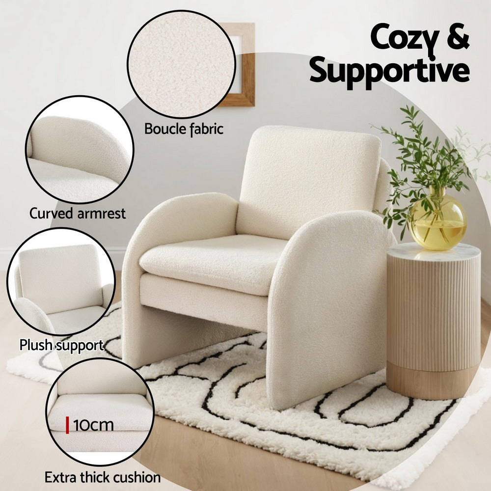 Artiss Armchair Accent Chair Lounge Tub Sofa Couch Curved Arm Seat Boucle White