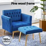 Artiss Armchair Ottoman Accent Chair Pillow Velvet Blue - 45-Degree Angle
