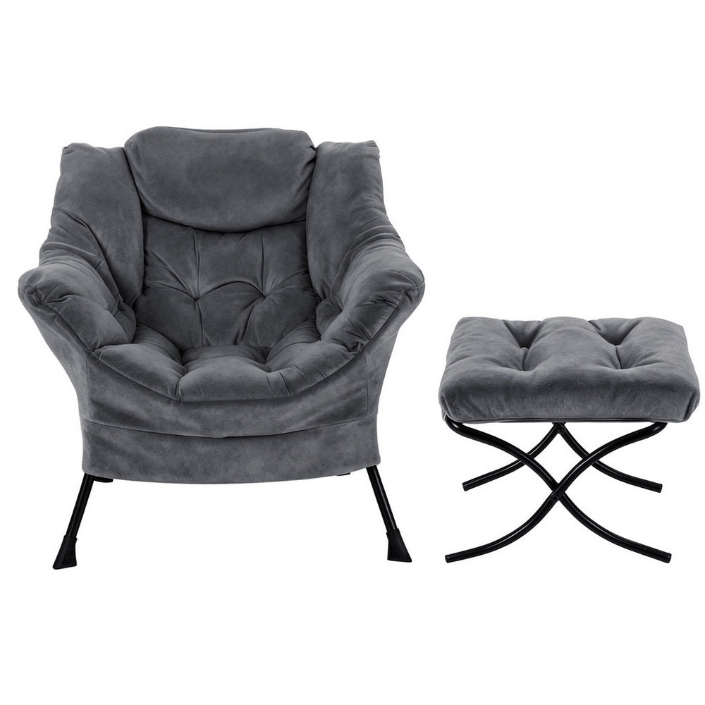 Artiss Armchair Accent Chair Ottoman Lounge Footrest Velvet Grey