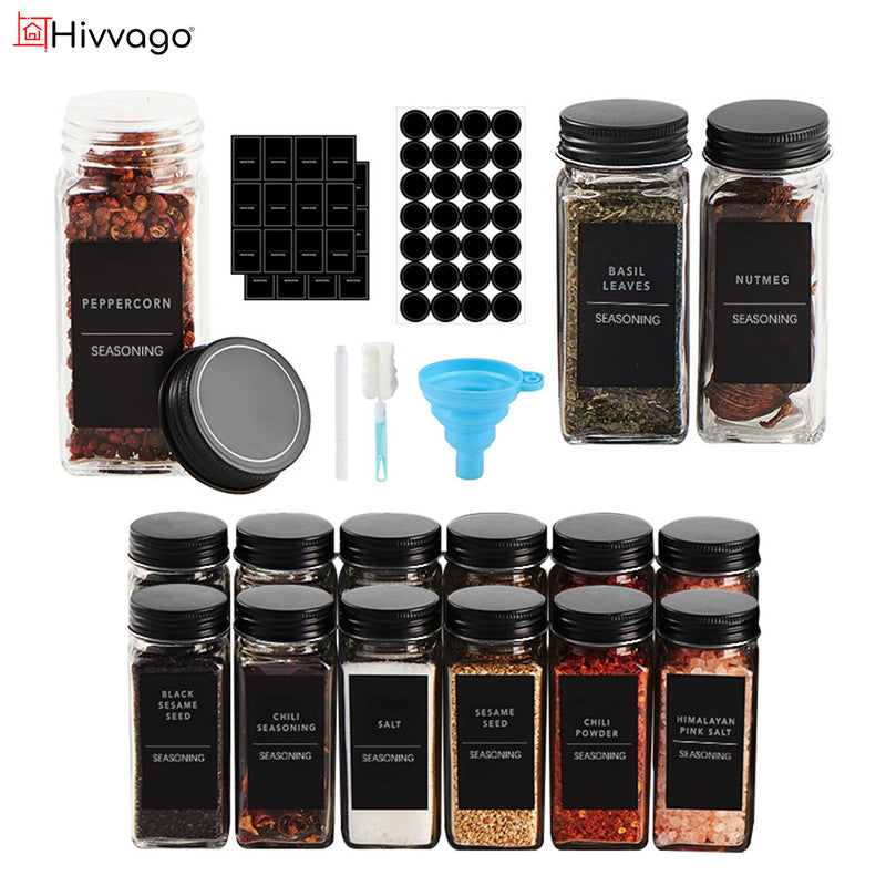 Hivvago 12 Pack Glass Spice Jar Set 120ml Airtight Square Jars with Shaker Lids Labels Funnel and Brush