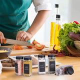 Hivvago 12 Pack Glass Spice Jar Set 120ml Airtight Square Jars with Shaker Lids Labels Funnel and Brush - Front View