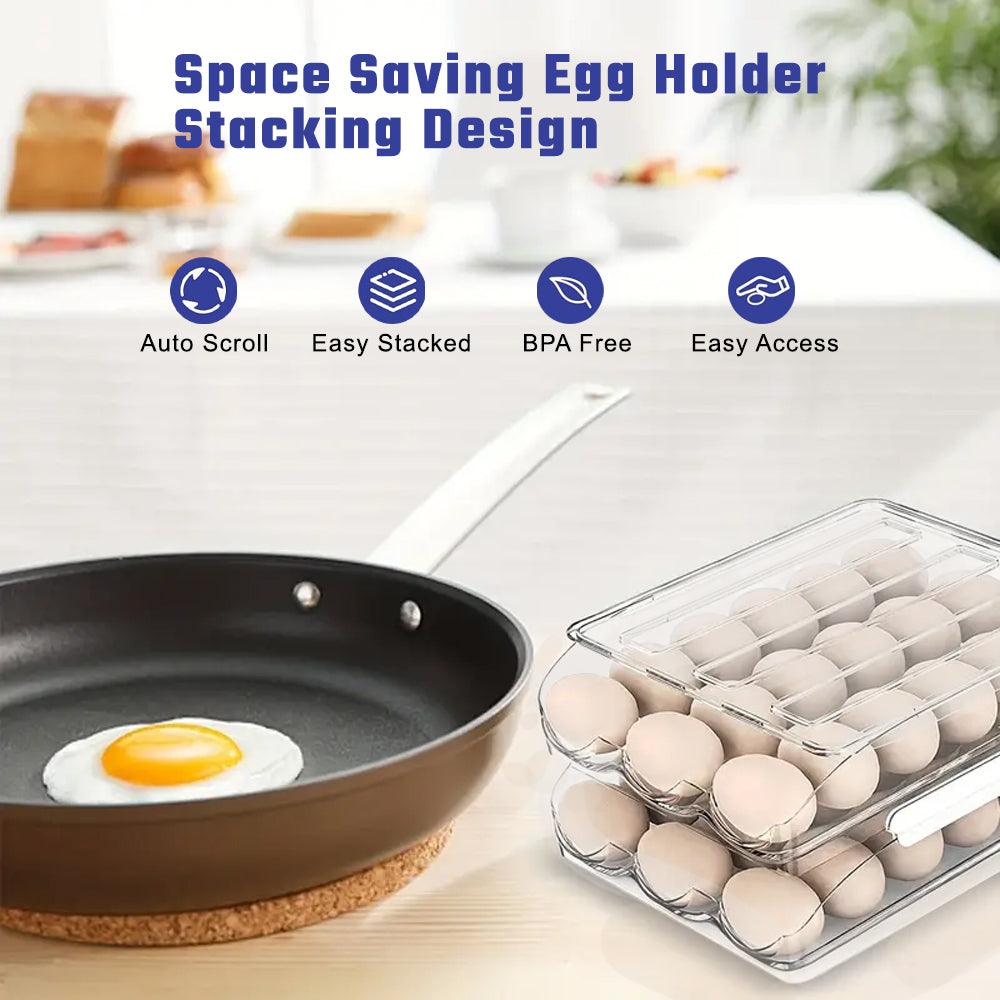 Hivvago 2 Layers Automatic Rolling Clear Egg Refrigerator Organizer with Lid