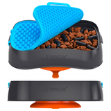 4-in-1 Slow Feeder Dog Bowl - Dark Grey Bowl with Blue Lickmat - Low Angle