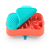 4-in-1 Slow Feeder Dog Bowl - Warm Ocean Red Bowl with Teal Lickmat - Front View