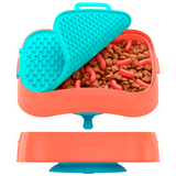 4-in-1 Slow Feeder Dog Bowl - Warm Ocean Red Bowl with Teal Lickmat - Close-Up Angle