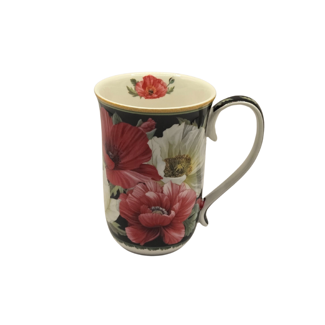 Elegant Poppies Fine Bone China Mug - 405ml Black Floral Teacup