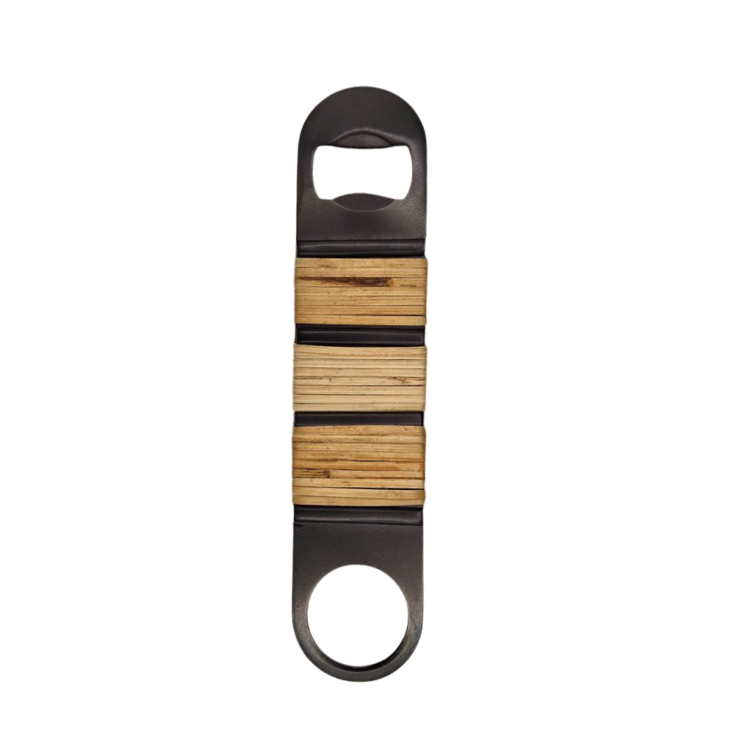 Plantation Bottle Opener Matte Black with Rattan Wrap | Stainless Steel Bar Tool