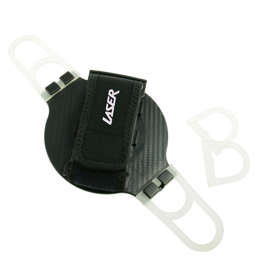 Laser black handheld tablet holder with 360 degree swivel and hand straps