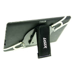 Laser black handheld tablet holder with 360 degree swivel and hand straps, adjustable hand straps