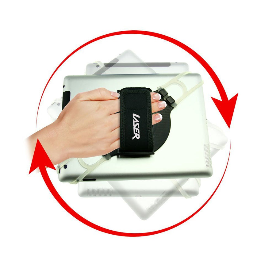 Laser black handheld tablet holder with 360 degree swivel and hand straps, pop-out stand for hands-free use