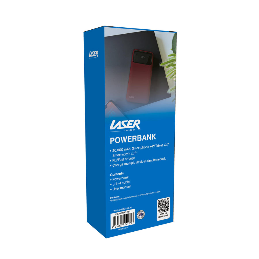 Laser 20000mAh Powerbank 18W PD with LED Red