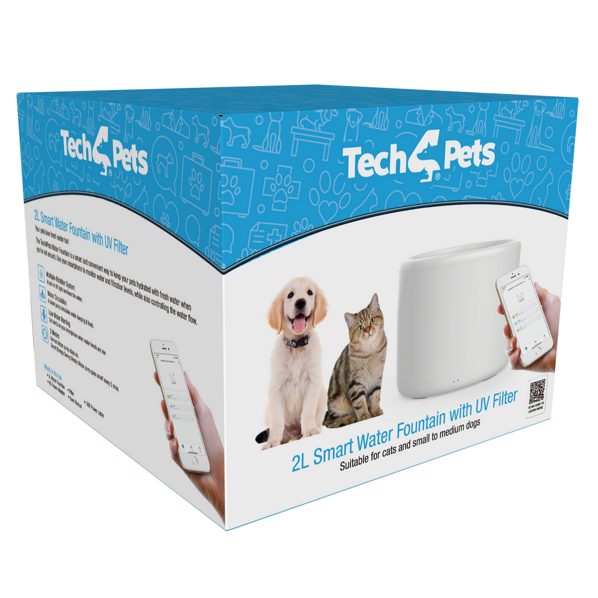 Tech4Pets 2L Smart Water Fountain with UV Filter for Pets