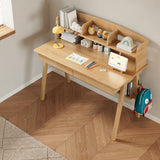 Solid Wood Study Desk with Shelf and Drawers/Rubberwood/Home Office Desk - Front View