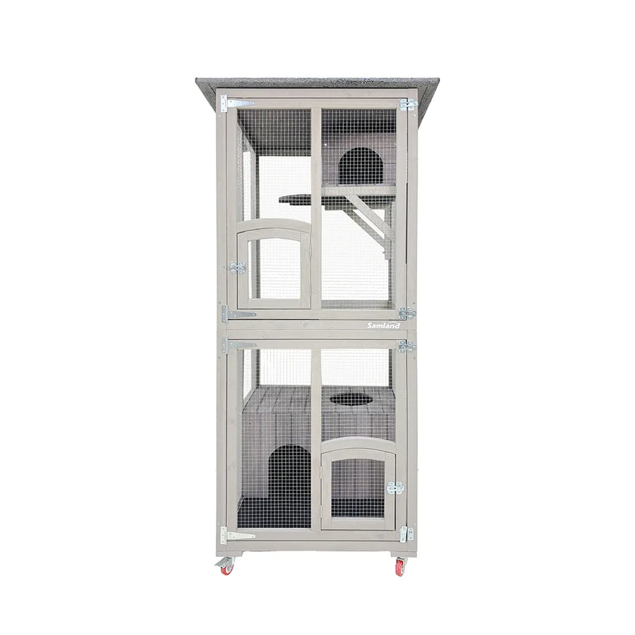 Samland Outdoor Wooden Cat Enclosure Catio with Wheels, Double Cat Houses & Roof