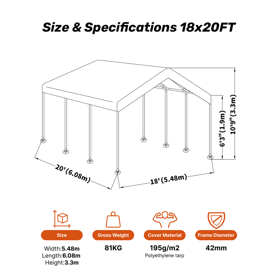 Samland Portable Carport Garage Shelter Canopy Double Size 18x20FT