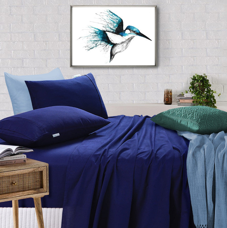 Navy Blue Vintage Washed 100% Egyptian Cotton 500TC Double Bed Sheets Set by Elan Linen