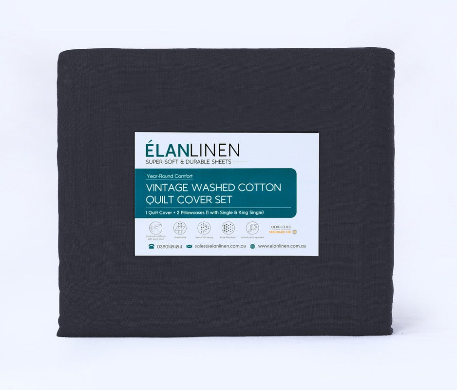Vintage Washed 500TC Charcoal 100% Egyptian Cotton Single Bed Sheet Set by Elan Linen