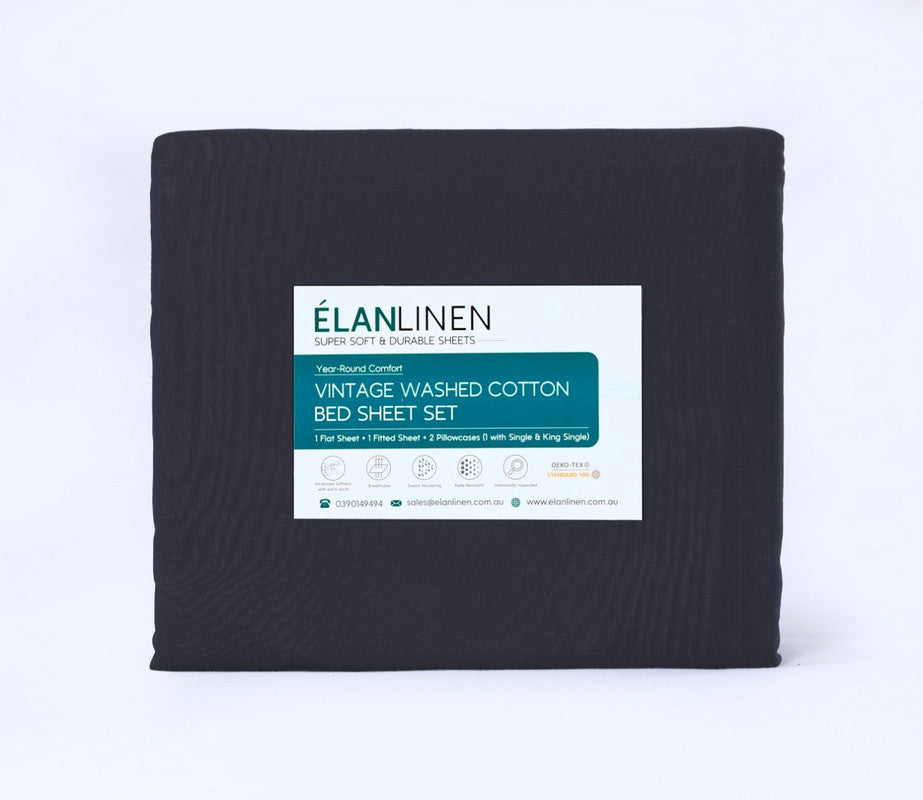 Vintage Washed 500TC Charcoal 100% Egyptian Cotton Single Bed Sheet Set by Elan Linen