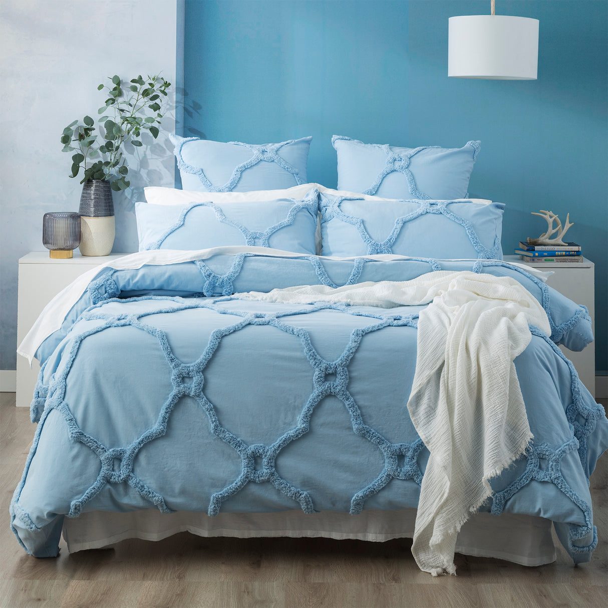 Moroccan 100% Cotton Chenille Vintage Washed Tufted Sky Quilt Cover Set by Renee Taylor Super King