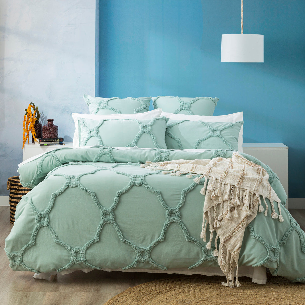 Moroccan 100% Cotton Chenille Vintage Washed Tufted Sage Quilt Cover Set by Renee Taylor Super King