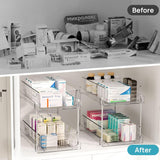2 Pack Bathroom Organizer, 2 Tier Clear Under Sink Organizers Vanity Countertop Storage Container,Cabinet Drawers Bins, Pull-Out Organization with Track for Pantry, Kitchen - Close-Up Angle