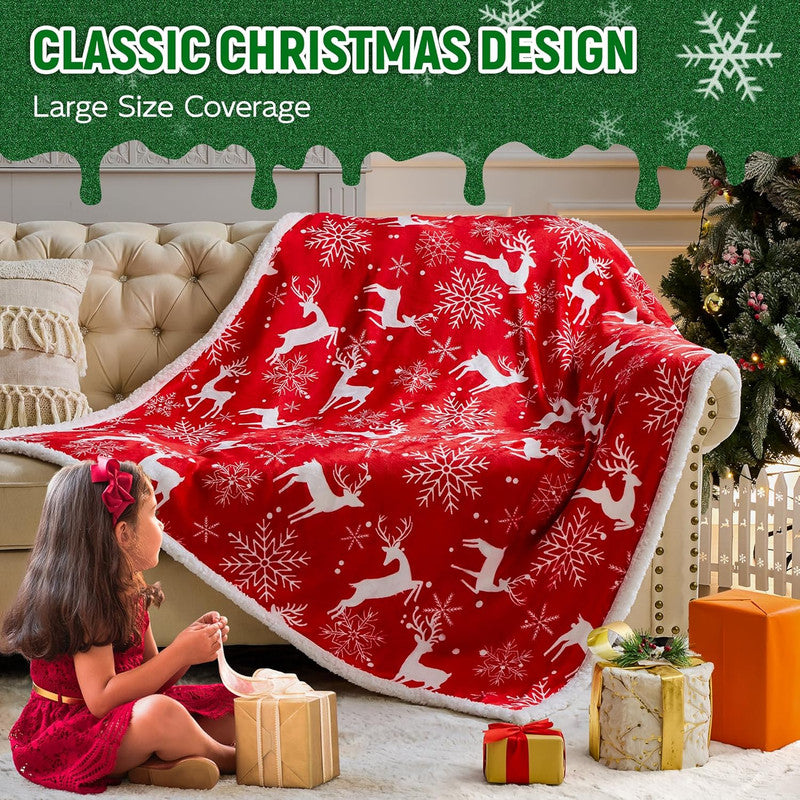 Christmas Throw Blanket, Christmas Decorations Gifts for Women, Sherpa Flannel Fleece Winter Holiday Blanket, Fluffy Cozy Soft Christams Throws for Couch Sofa Bed, Reindeer Stars, 50" X 60"