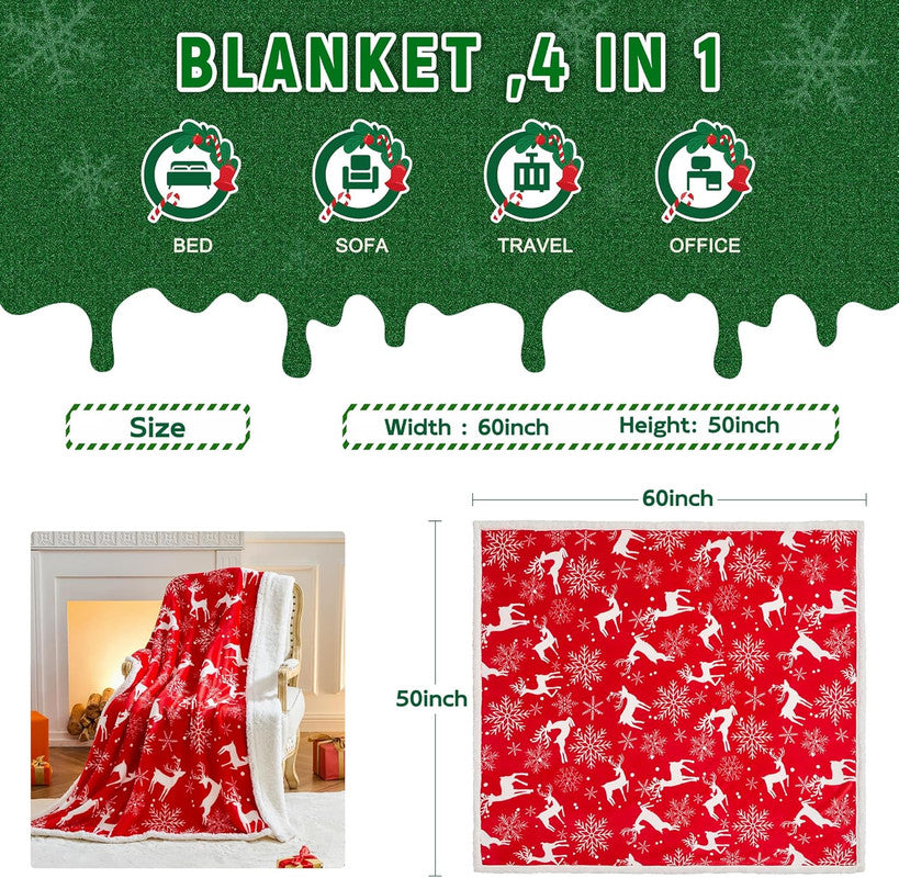 Christmas Throw Blanket, Christmas Decorations Gifts for Women, Sherpa Flannel Fleece Winter Holiday Blanket, Fluffy Cozy Soft Christams Throws for Couch Sofa Bed, Reindeer Stars, 50" X 60"