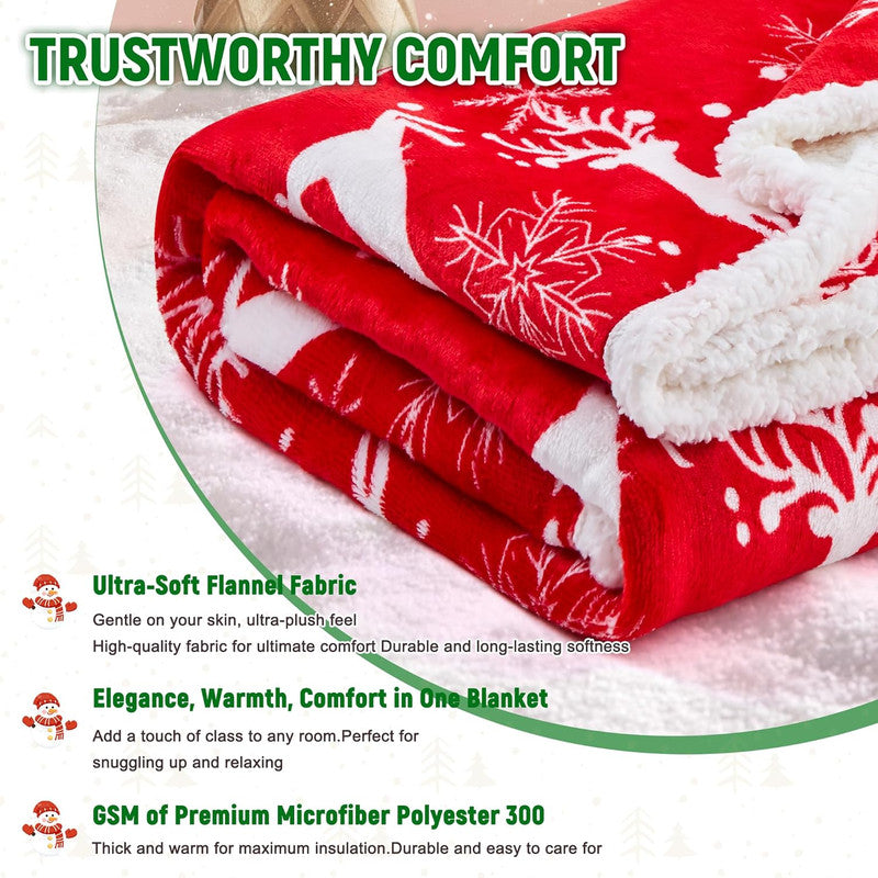 Christmas Throw Blanket, Christmas Decorations Gifts for Women, Sherpa Flannel Fleece Winter Holiday Blanket, Fluffy Cozy Soft Christams Throws for Couch Sofa Bed, Reindeer Stars, 50" X 60"