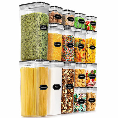 Airtight Food Storage Containers with Lids, 16 PCS Kitchen and Pantry Organization Canisters, BPA-Free, PVC-Free, Food-grade Plastic Leak-proof Jars for Cereal, Flour, Sugar, Extra 16 Labels & Marker