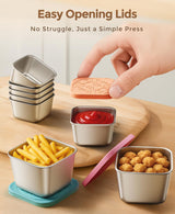 6Pack 6oz Stainless Steel Snack Containers and 2oz Salad Dressing To Go Containers with Silicone Lids, Reusable Square Meal Prep Condiment Sauce Containers Lunch Box - Top-Down View